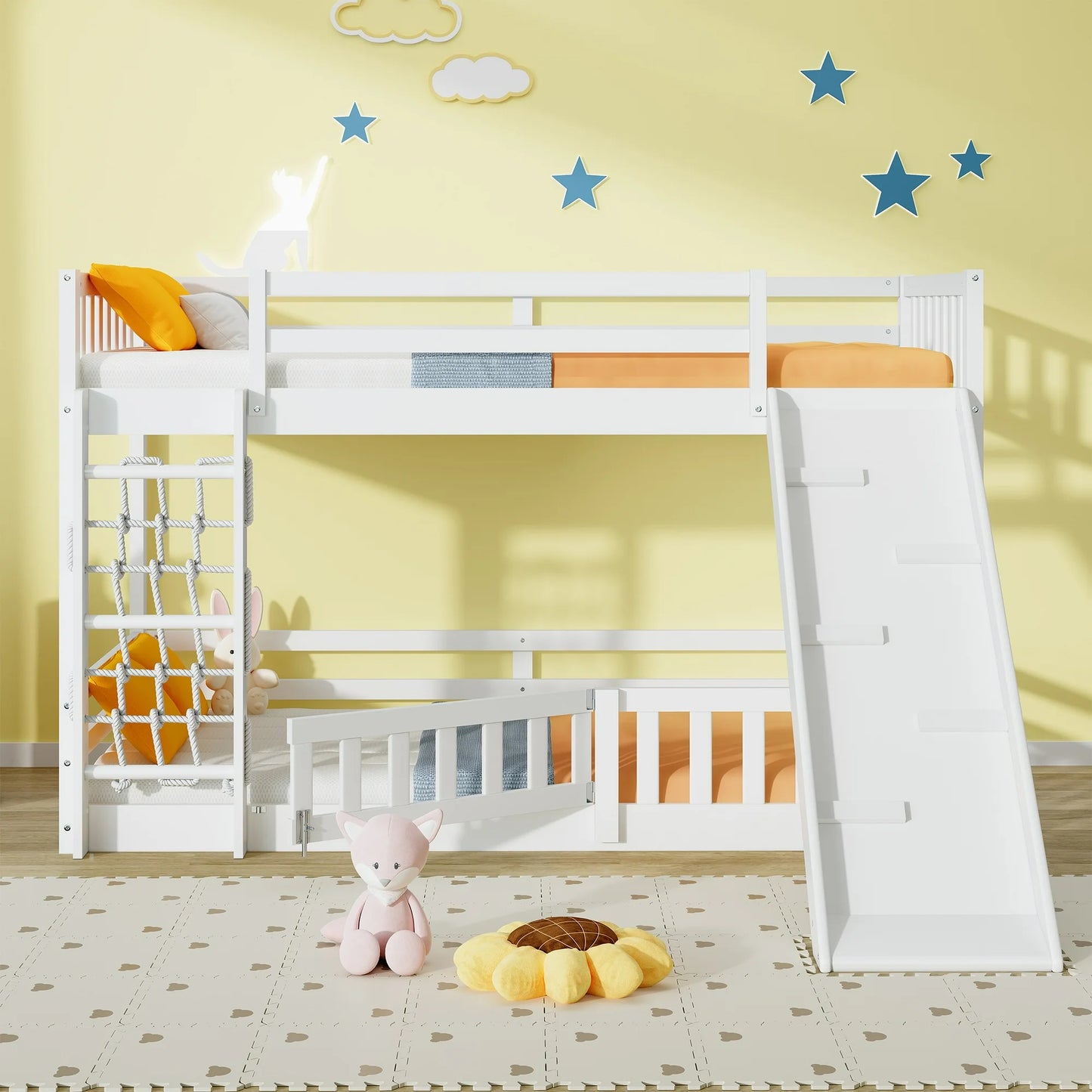 IMKHK Twin over Twin Bunk Beds with Ladder & Guardrail, Cute Kids Bed with Climbing Nets and Ramp, Low Bunk Floor Bed Frame with Thickened Wooden Slats Support for Kids, No Box Spring Needed, Gray
