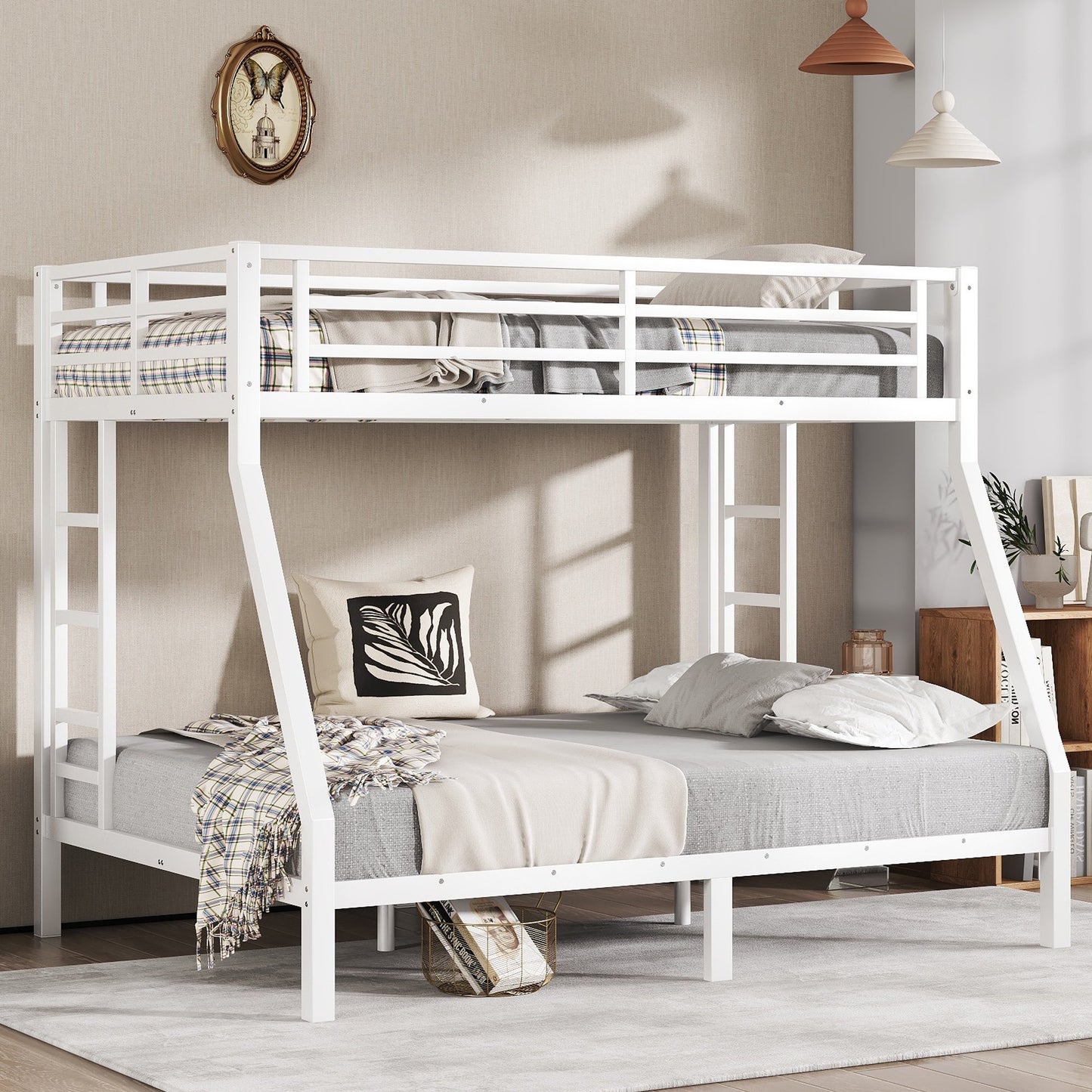 IMKHK Twin Over Full Bunk Bed, Metal Bunk Bed Frame with 2 Ladders and Safety Guardrails, Sturdy Metal Slats Support, Noise Free, Under Bed Storage, No Box Spring Needed, Black