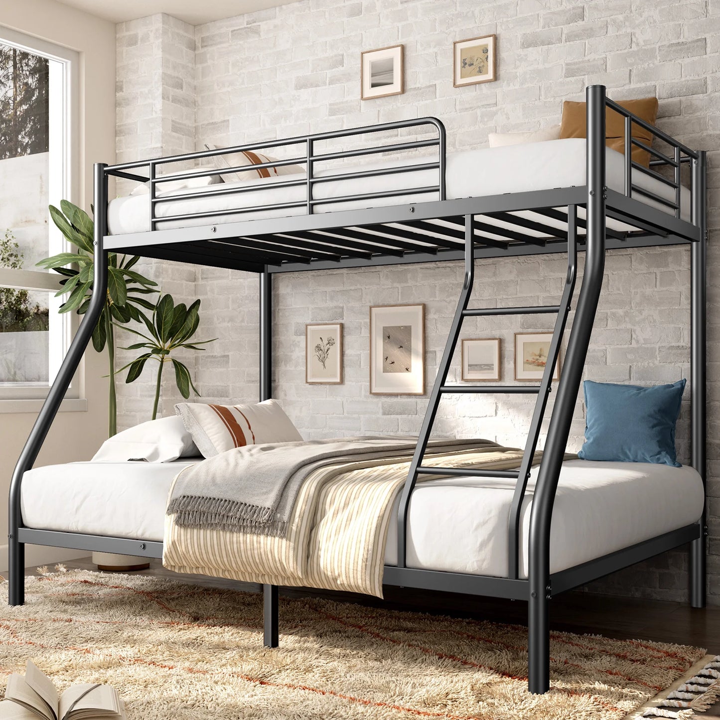 IMKHK Twin Over Full Bunk Bed, Heavy-duty Metal Bunk Beds for Kids Teens Adults, Low Profile Metal Bunk Bed Frame with Ladder, Safety Guardrail and Large Under Bed Space, No Box Spring Needed, Black