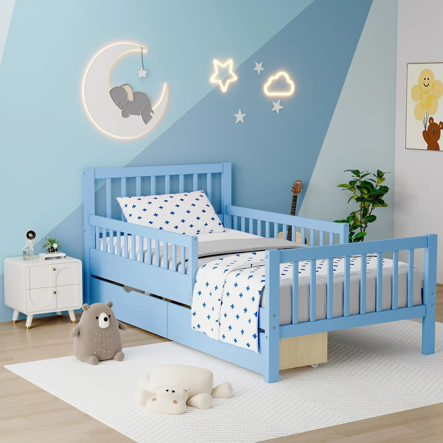 IMKHK Twin Size Bed Frame, Cute Kids Bed with 2 Pull Out Underbed Storage Drawers, Solid Wood Platform Bed with Safety Guardrail for Kids, Strong Wooden Slats Support, No Box Spring Needed, Pink
