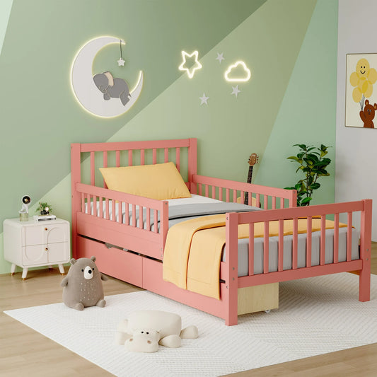 IMKHK Twin Size Bed Frame, Cute Kids Bed with 2 Pull Out Underbed Storage Drawers, Solid Wood Platform Bed with Safety Guardrail for Kids, Strong Wooden Slats Support, No Box Spring Needed, Pink