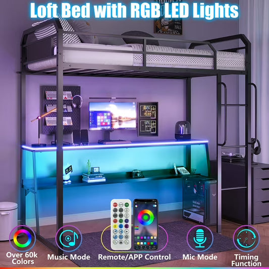 IMKHK Twin Size Loft Bed with 2-Tier LED Desk, Metal Loft Bed Twin Size with Long Handrails and Safety Guardrail, Modern LED Loft Bed with Strong Slats Support, No Box Spring Needed, Black