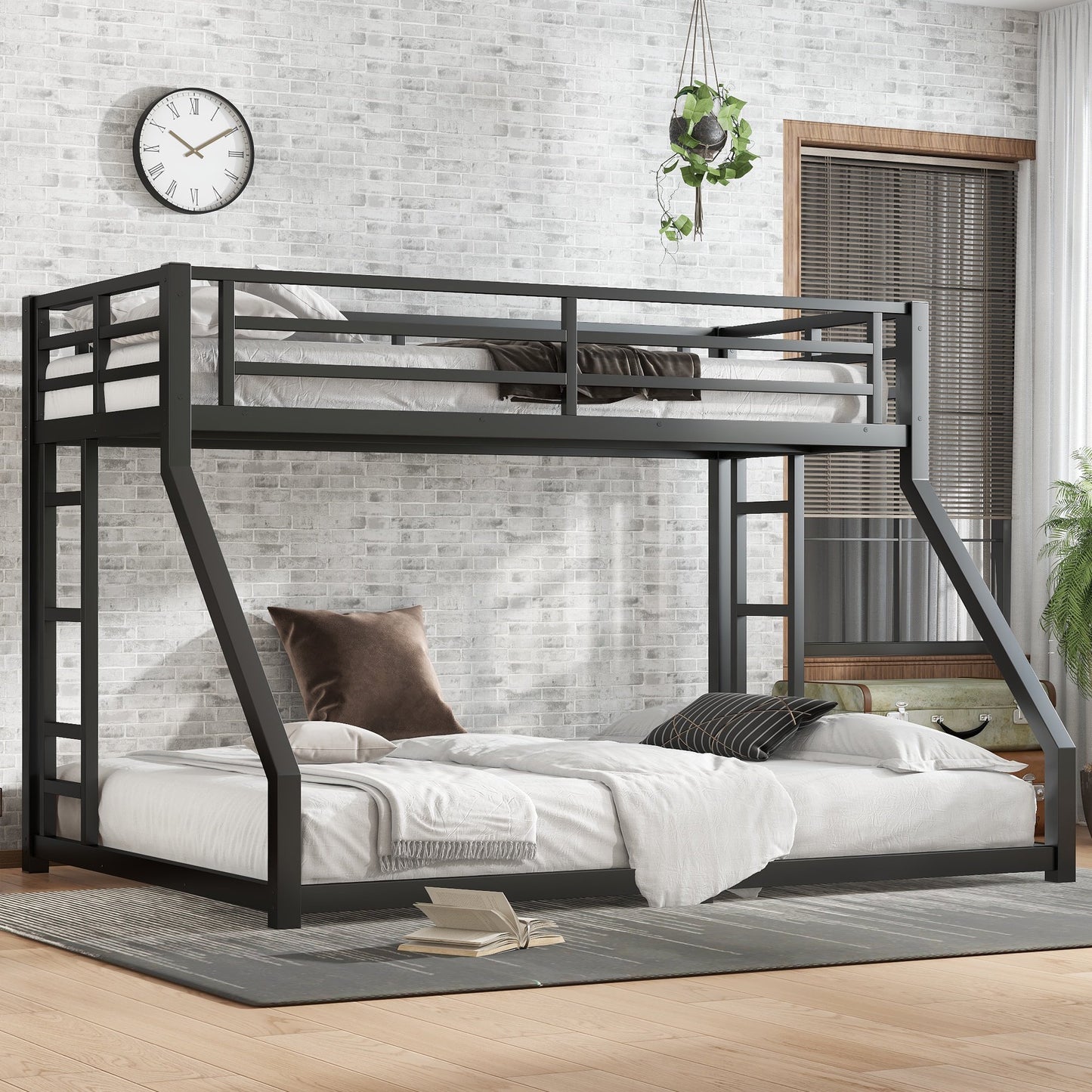 IMKHK Twin XL over Queen Bunk Bed with 2 Ladders, Modern Metal Bunk Bed Frame with Full-Length Guardrail for Living Room, Heavy Duty Floor Bunk Bed for Teens Adults, No Box Spring Needed, Black