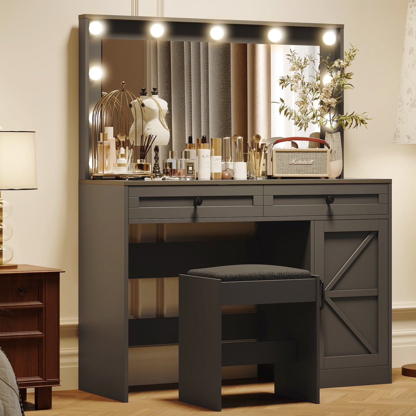 IMKHK Vanity Desk Set with Glass Top, Makeup Dressing Table with Adjustable LED Light Mirror and Upholstered Stool, Vanity Dressing Table Set with 2 Drawers and Side Cabinet for Girls Women, White
