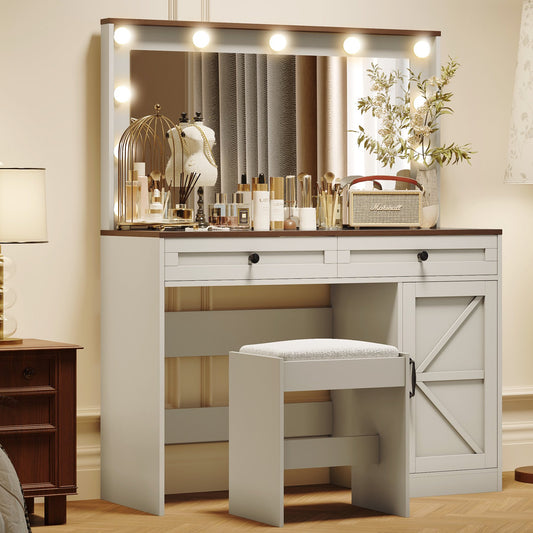 IMKHK Vanity Desk Set with Glass Top, Makeup Dressing Table with Adjustable LED Light Mirror and Upholstered Stool, Vanity Dressing Table Set with 2 Drawers and Side Cabinet for Girls Women, White