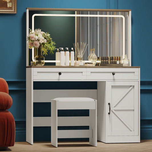 IMKHK Vanity Desk Set with Stool, Vanity Table Dresser with Adjustable LED Light Mirror and Glass Top, Makeup Desk with 2 Drawers and Storage Cabinet, Makeup Dressing Table Set for Girls Women, White