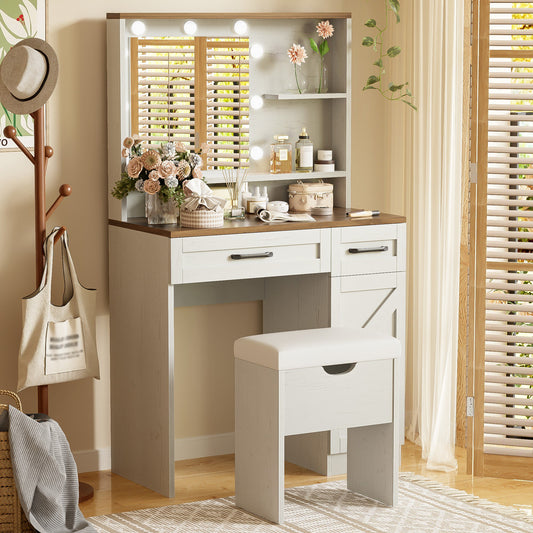 IMKHK Vanity Set with 3 Color Lighted Mirror, Makeup Dressing Desk with Cushioned Storage Stool for Bedroom Dressing Room, Vanity Table Set with 2 Drawers, 1 Cabinet and Adjustable Shelves, White