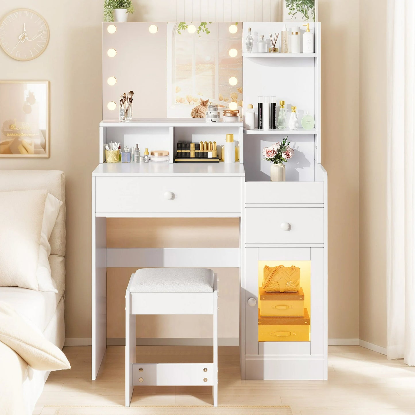 IMKHK Vanity Table Set with Lighted Mirror and Cushioned Stool, Makeup Dressing Set with 2 Drawers, LED Cabinet and Storage Shelves for Girls Women, Modern Makeup Vanity Desk Set for Bedroom, White