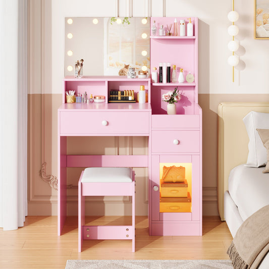 IMKHK Vanity Table Set with Lighted Mirror and Cushioned Stool, Makeup Dressing Set with 2 Drawers, LED Cabinet and Storage Shelves for Girls Women, Modern Makeup Vanity Desk Set for Bedroom, Pink