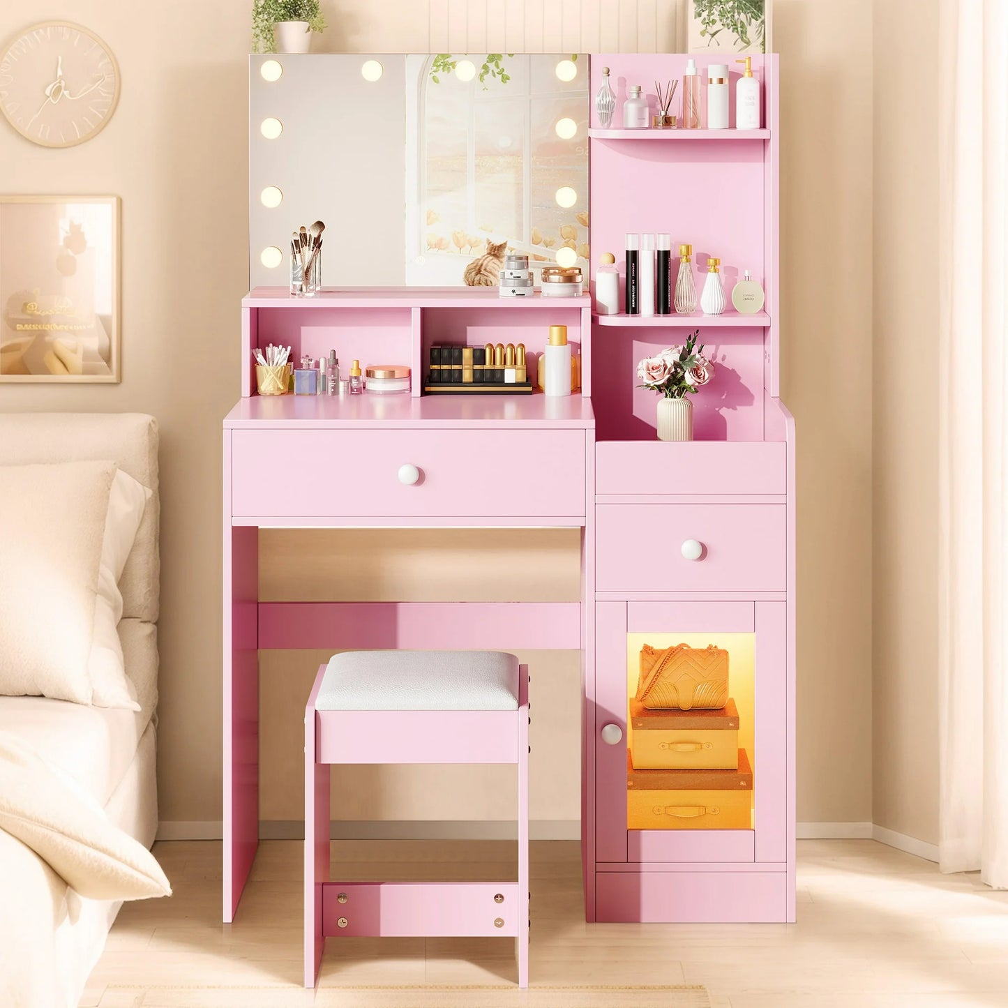 IMKHK Vanity Table Set with Lighted Mirror and Cushioned Stool, Makeup Dressing Set with 2 Drawers, LED Cabinet and Storage Shelves for Girls Women, Modern Makeup Vanity Desk Set for Bedroom, White