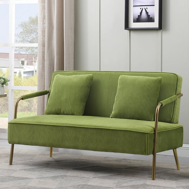 IMKHK Velvet Loveseat Sofa, Modern Upholstered Small Sofa Couch with 2 Pillows for Small Spaces, Mid-Century Sturdy 2-Seat Couch with Gold Metal Legs for Living Room Apartment, Green