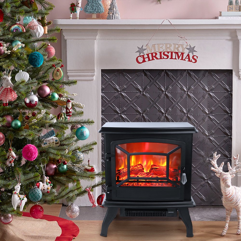 IMKHK 20" Fireplace Heater Stove, 1400W Freestanding Infrared Electric Fireplace with 3D Realistic Flame, Indoor Electric Heater with Overheat Safety Design for Home Bedroom Office, Black