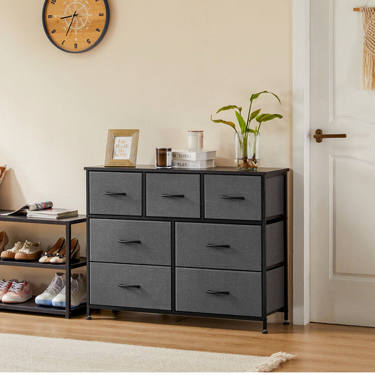 IMKHK Gray 7 Drawers Dresser, Fabric Storage Cabinet Dresser Organizer Unit, Steel Frame and Wooden Top, Modern Chest of Drawers with Handle for Living Room, Closet, Hallway, Nursery