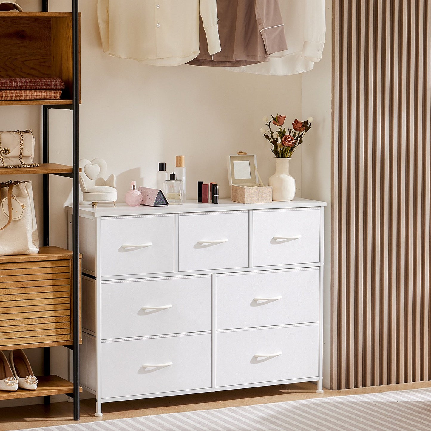 IMKHK Gray 7 Drawers Dresser, Fabric Storage Cabinet Dresser Organizer Unit, Steel Frame and Wooden Top, Modern Chest of Drawers with Handle for Living Room, Closet, Hallway, Nursery