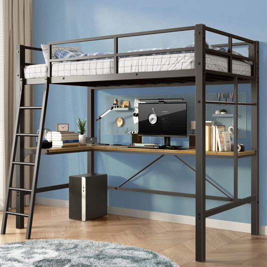 IMKHK Twin Size Metal Loft Bed, Heavy Duty Loft Bed Frame with L-Shaped desk and Charging Station, Modern Square Twin Bed with Ladder and Safety Full-Length Guardrail, No Box Spring Needed, Black