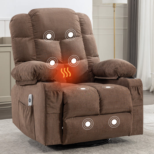 IMKHK Massage Rocker Recliner Chair for Adults, Modern Swivel Recliner Chair with Heat and Massage, Fabric Lounge Chair with Side Pocket, 2 Cup Holders and USB Charge Port for Living Room, Gray