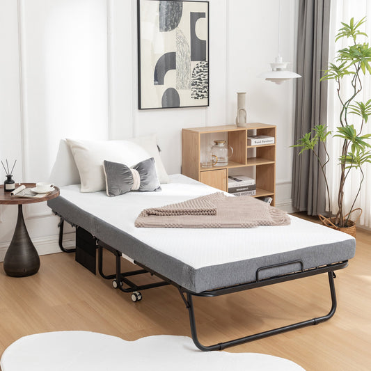 IMKK 75x31 Folding Bed Frame with Mattress, Rollaway Adult Bed on Wheels for Guests with 4 Wheels, 5-inch Memory Foam Mattress, Sturdy Metal Frame, Space Saving Fold Up Bed for Easy Storage, Black