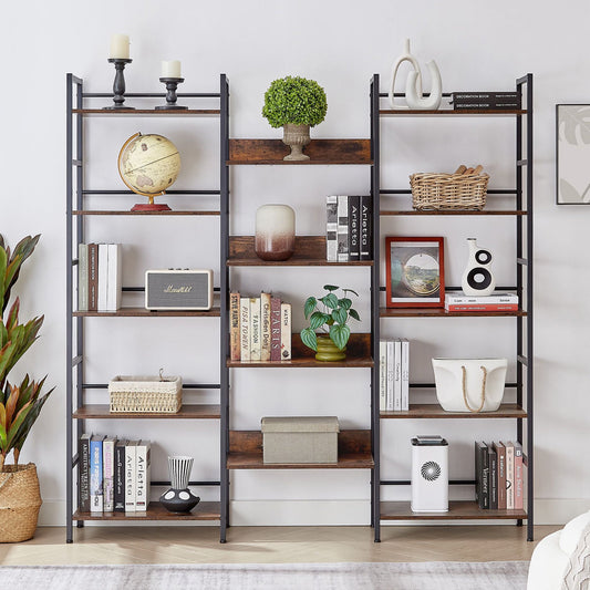 IMKHK 5 Tiers Bookshelf with 14 Display Shelves, Large Open Bookcase with Guardrail, Freestanding Storage Shelf Organizer with Metal Frame, Extra Large Iron Shelves for Office Living Room, Brown