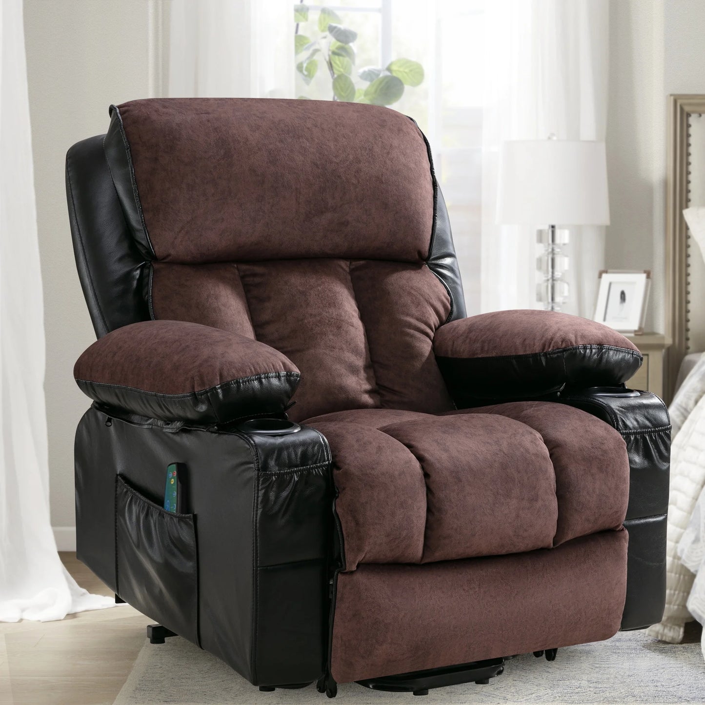IMKHK Manual Recliner Chair, Modern Rocker Recliner Chair with Vibration Massage and Heat, Fabric Lounge Chair with 2 Cup Holders, USE Charge Port and Side Pocket for Living Room, Black Brown