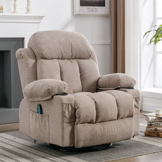IMKHK Massage Rocker Recliner Chair, Modern Fabric Lounge Chair with Heat and Massage for Adults, Swivel Recliner Chair with Side Pockets, 2 Cup Holders, USB Charge Port for Living Room, Gray