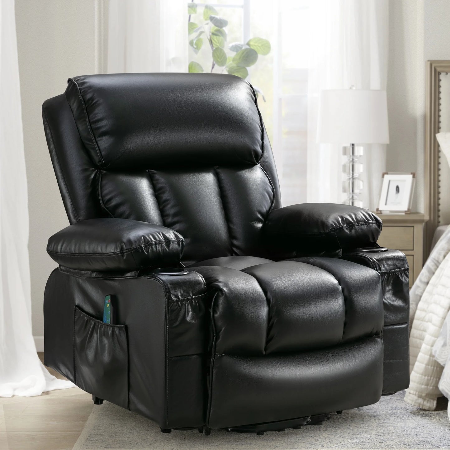 IMKHK Manual Recliner Chair, Modern Rocker Recliner Chair with Vibration Massage and Heat, Fabric Lounge Chair with 2 Cup Holders, USE Charge Port and Side Pocket for Living Room, Black Brown