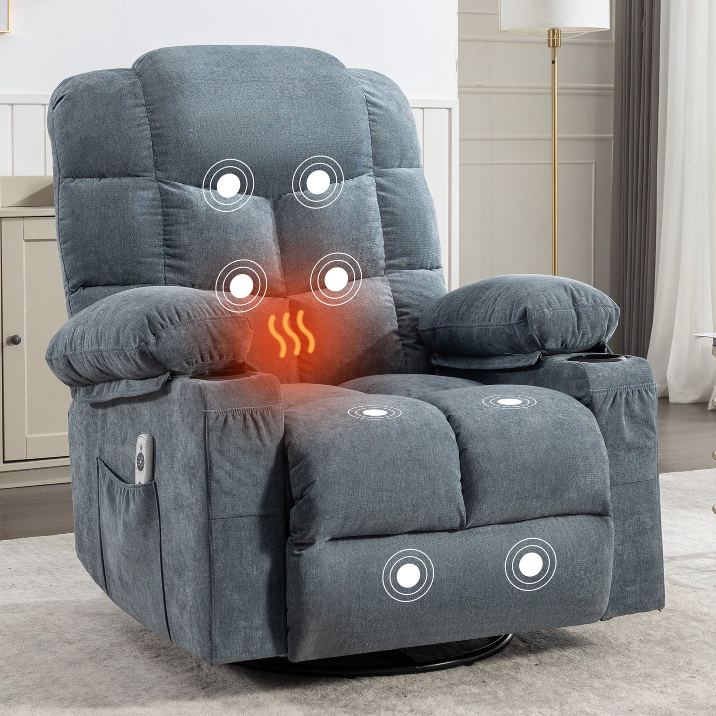 IMKHK Massage Rocker Recliner Chair for Adults, Modern Swivel Recliner Chair with Heat and Massage, Fabric Lounge Chair with Side Pocket, 2 Cup Holders and USB Charge Port for Living Room, Gray