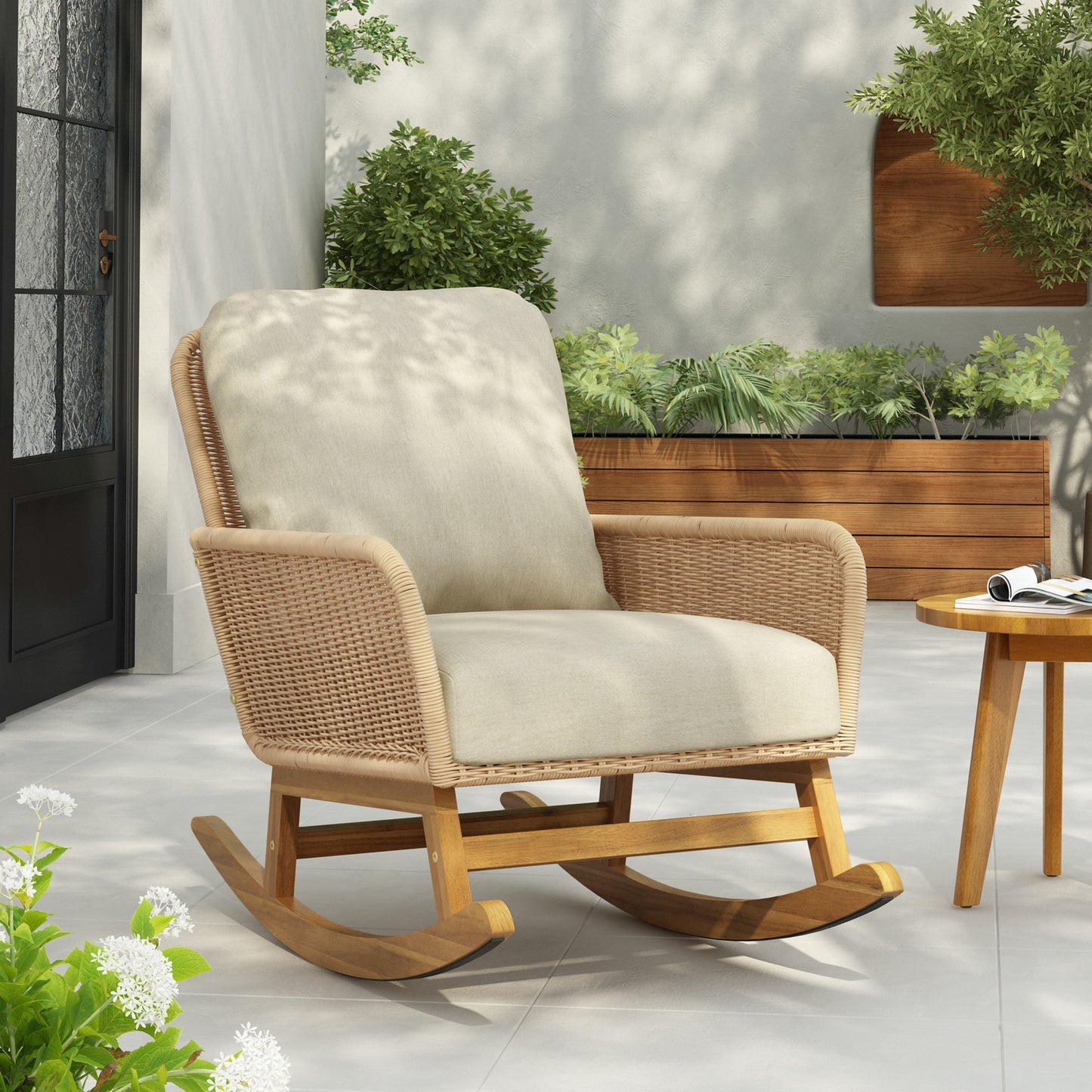 IMKHK Outdoor Wicker Rocking Chair, Modern Rattan Patio Rocker Chair with Thickened Cushions and Wooden Frame, All-Weather Rocker Wicker Chair for Porch, Garden, Backyard, Patio and Balcony, Gray