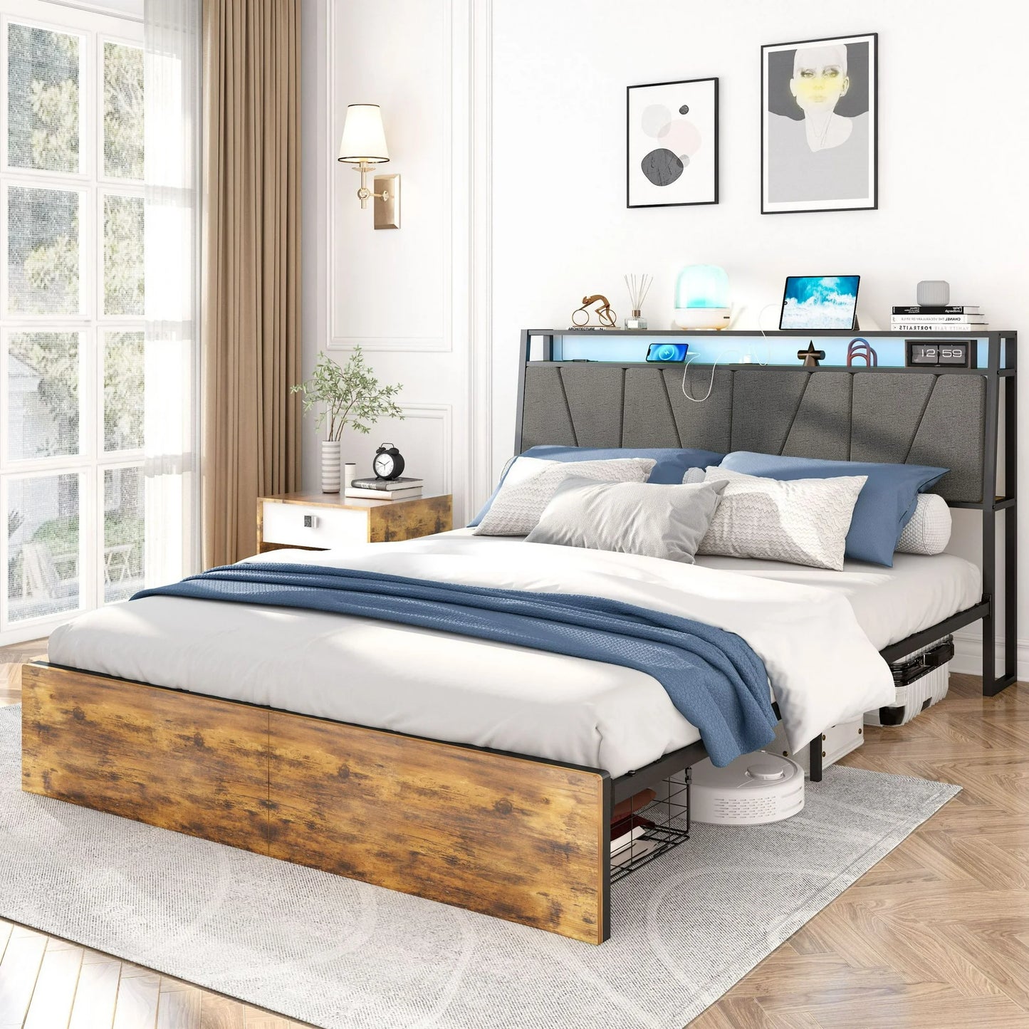 IMKHK LED Full Size Bed Frame, Metal Platform Bed Frame with Storage Headboard, 2 Drawers and Power Charging Station, Large Under Bed Storage, Strong Slats Support, No Box Spring Needed, Brown