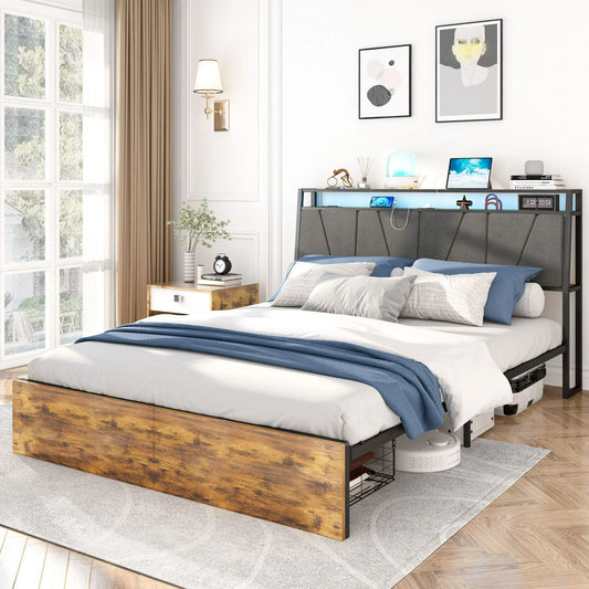 IMKHK LED Full Size Bed Frame, Metal Platform Bed Frame with Storage Headboard, 2 Drawers and Power Charging Station, Large Under Bed Storage, Strong Slats Support, No Box Spring Needed, Brown
