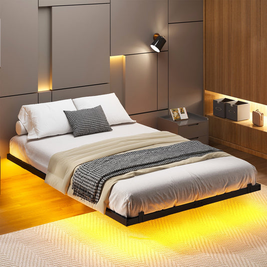 IMKHK Full Floating Bed Frame, Metal Platform Bed Full Size with LED Lights for Bedroom, Large Under Bed Storage, Strong Metal Slats Support, No Box Spring Needed, Easy to Assemble, Black