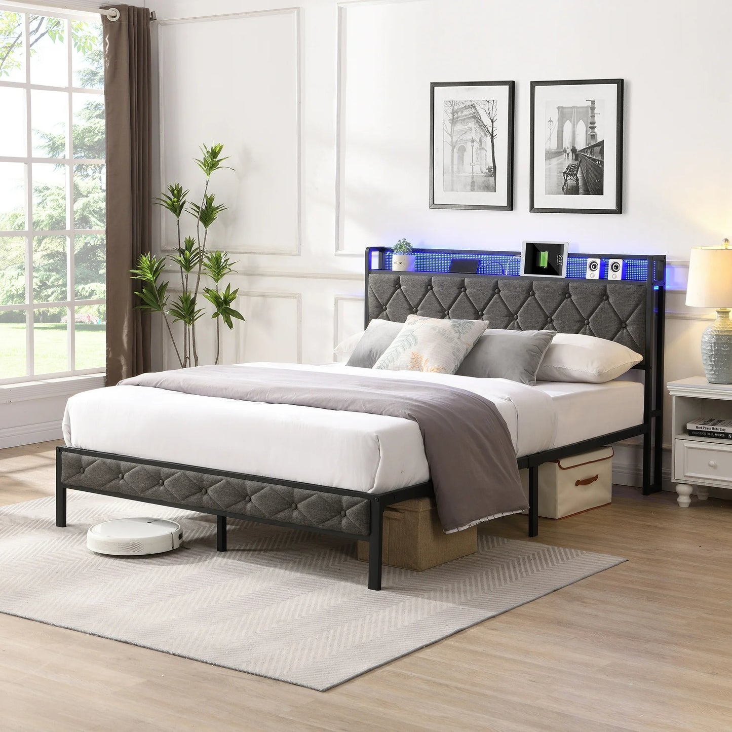 IMKHK LED Full Bed Frame with Upholstered Storage Headboard, Metal Platform Bed with Power Charging Station and LED Lights, Full Size Bed Frame with Underbed Storage, No Box Spring Needed, Gray