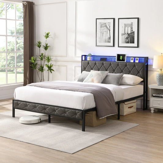 IMKHK LED Full Bed Frame with Upholstered Storage Headboard, Metal Platform Bed with Power Charging Station and LED Lights, Full Size Bed Frame with Underbed Storage, No Box Spring Needed, Gray