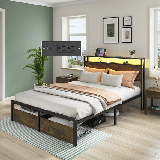 IMKHK Full Bed Frame with LED Lights, Storage Headboard and 2 Drawers, Heavy Duty Metal Platform Bed Full Size with Charging Station, Large Underbed Storage Space, No Box Spring Needed, Brown