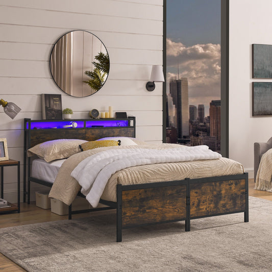 IMKHK LED Bed Frame Full Size with 2-Tier Storage Headboard, Modern Metal Platform Bed with Charging Station, Heavy Duty Full Bed Frame with Large Underbed Storage Space, No Box Spring Needed, Black