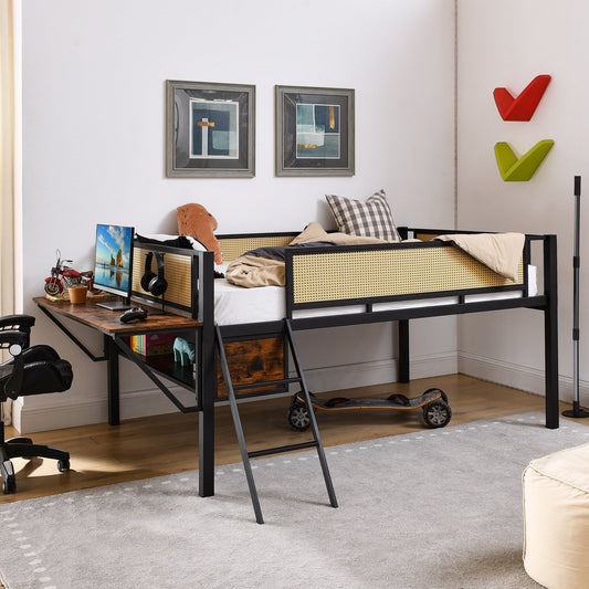 IMKHK Full Size Loft Bed with Stairs & Full-Length Guardrail, Rattan LED Loft Bed Frame with Desk and Open Storage Rack, Metal Bed Frame with Under Storage Space, No Box Spring Needed, Black Brown