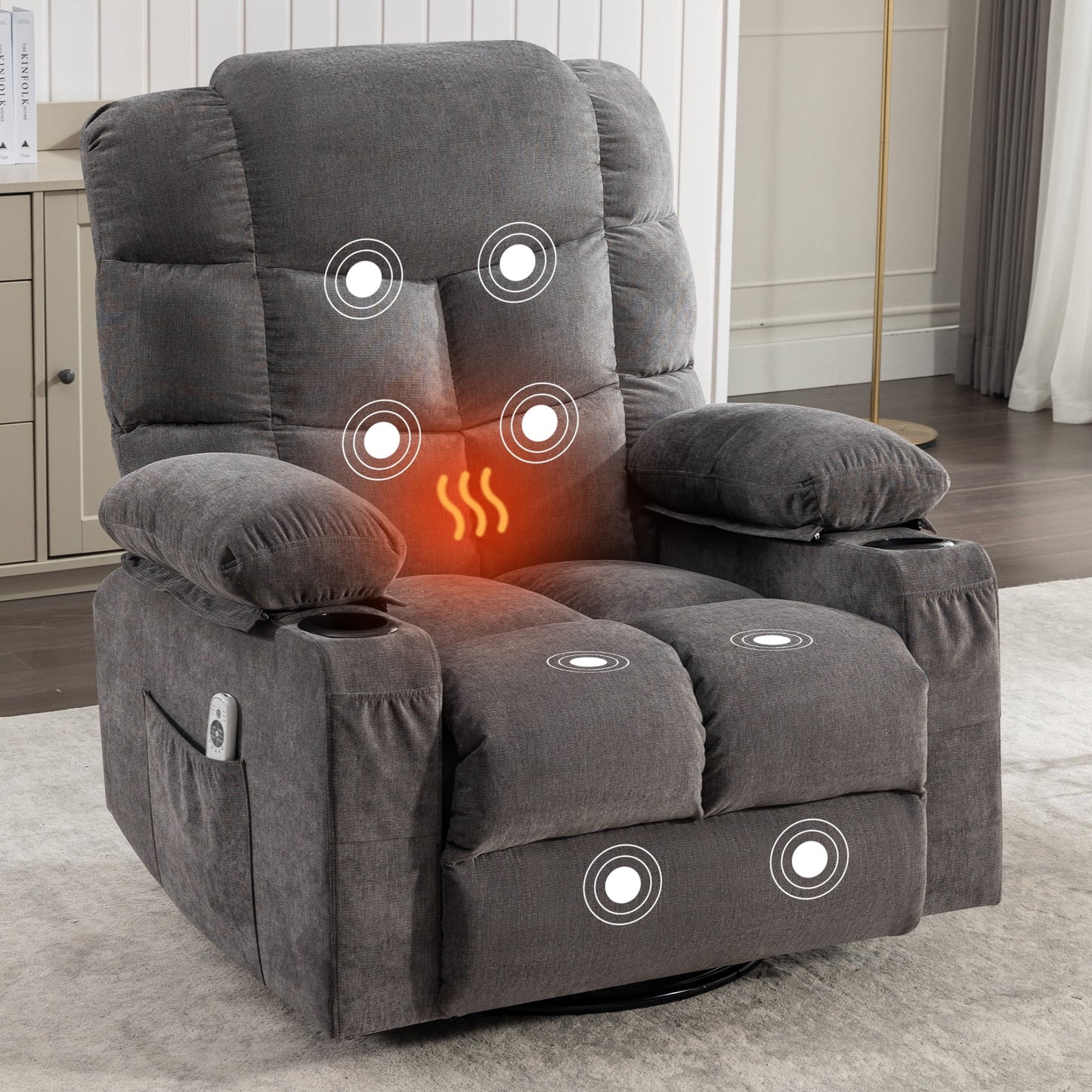 IMKHK Massage Rocker Recliner Chair for Adults, Modern Swivel Recliner Chair with Heat and Massage, Fabric Lounge Chair with Side Pocket, 2 Cup Holders and USB Charge Port for Living Room, Gray