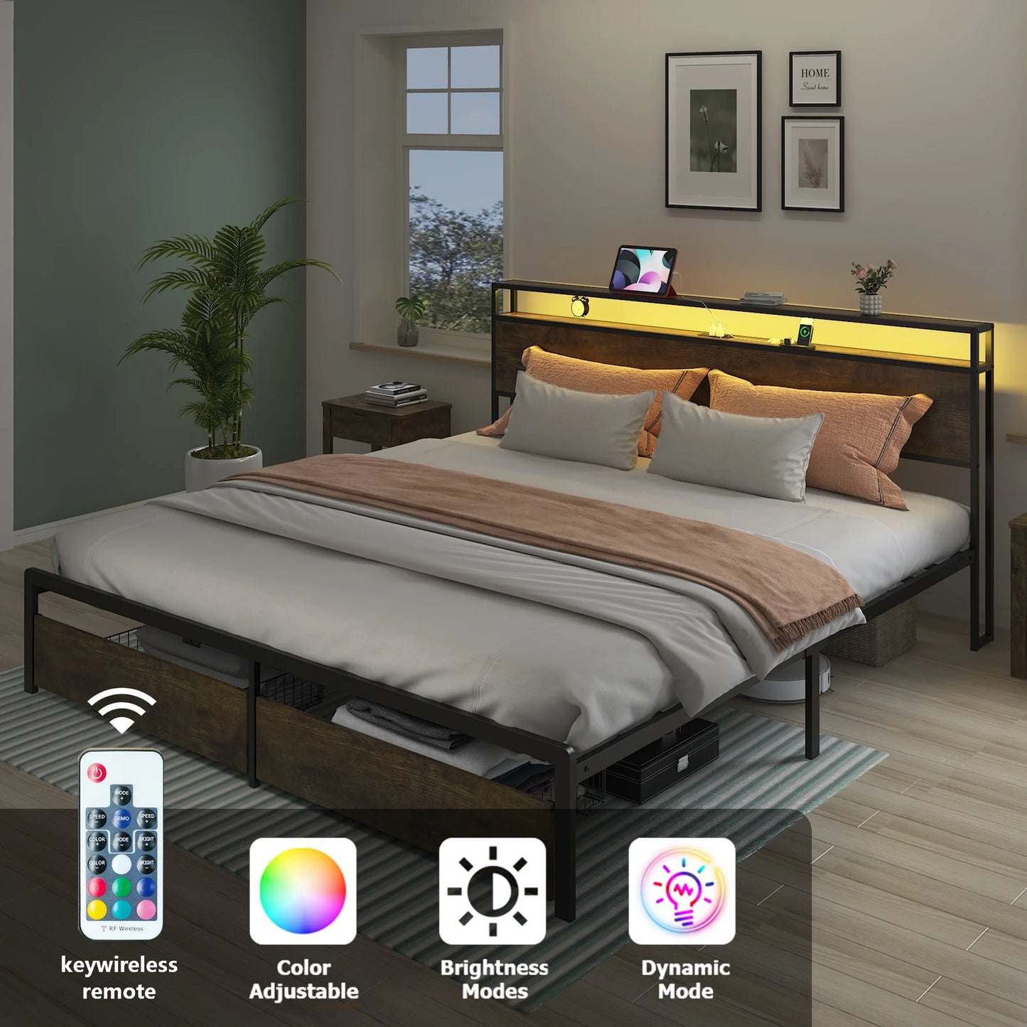 IMKHK Full Bed Frame with LED Lights, Storage Headboard and 2 Drawers, Heavy Duty Metal Platform Bed Full Size with Charging Station, Large Underbed Storage Space, No Box Spring Needed, Brown