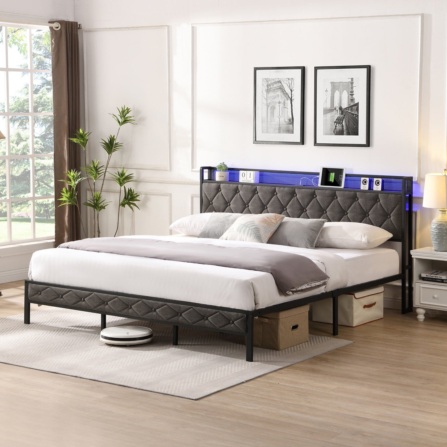 IMKHK LED Full Bed Frame with Upholstered Storage Headboard, Metal Platform Bed with Power Charging Station and LED Lights, Full Size Bed Frame with Underbed Storage, No Box Spring Needed, Gray