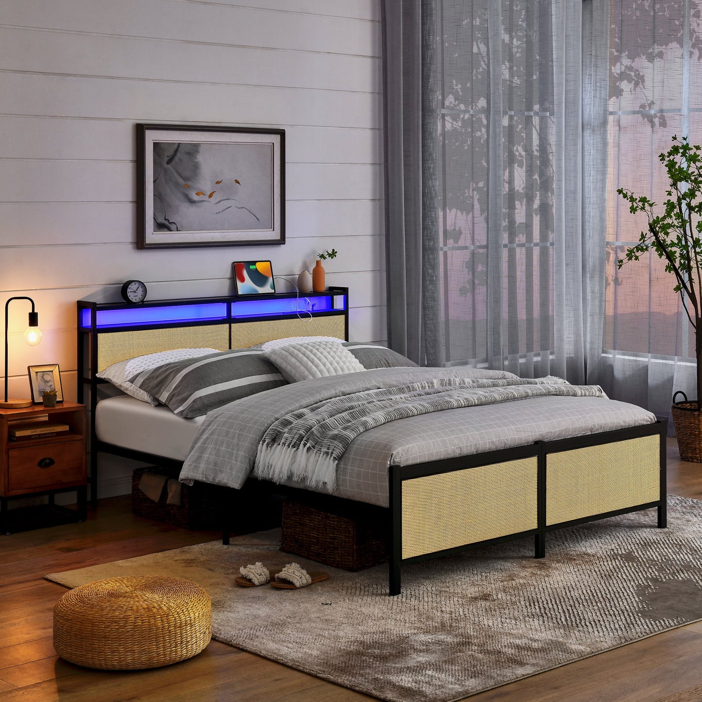 IMKHK LED Bed Frame Full Size, Modern Rattan Platform Bed with 2-Tier Storage Headboard and Charging Station, Heavy Duty Full Bed Frame with Large Underbed Storage Space, No Box Spring Needed, Black