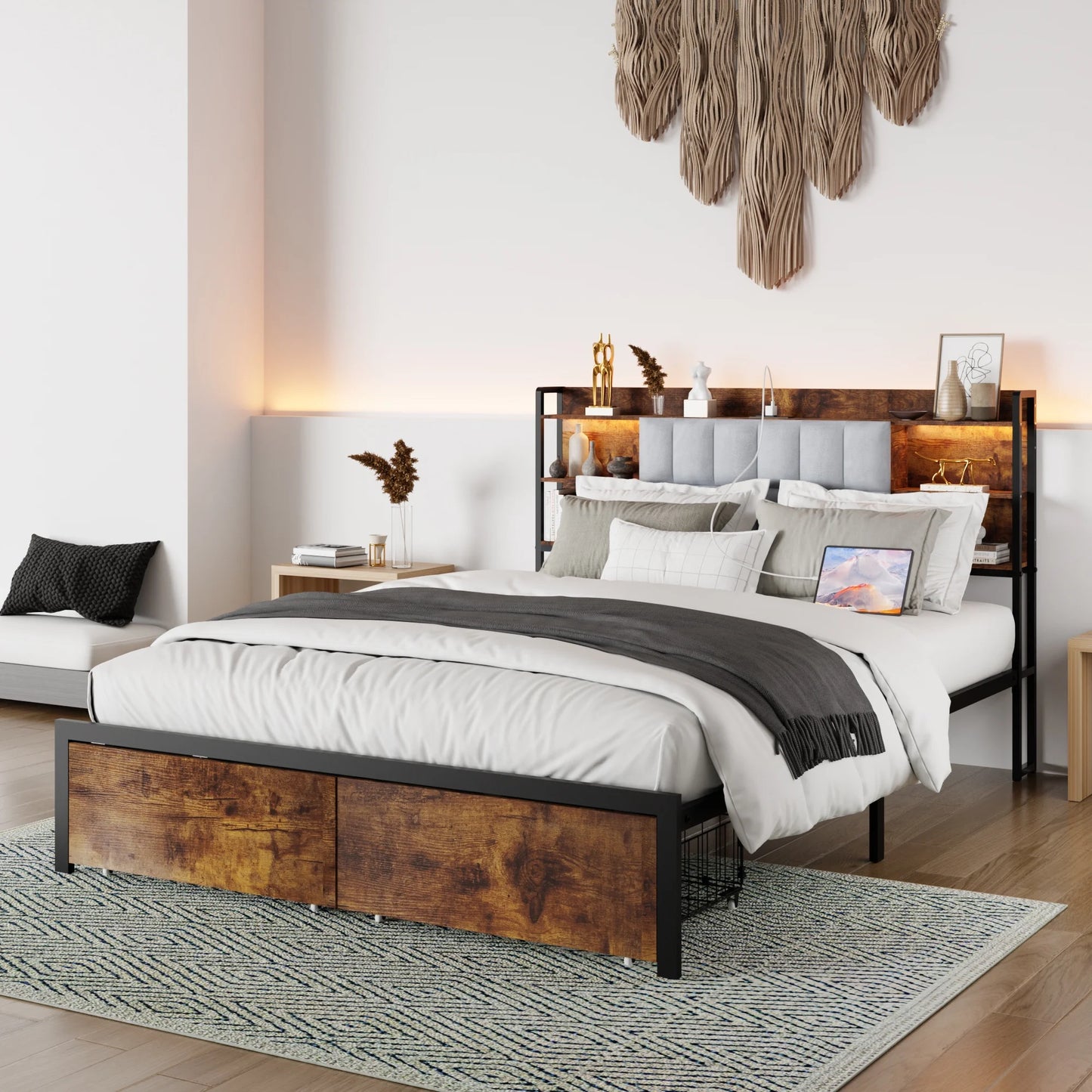 IMKHK Bed Frame Queen Size with 2 Drawers, LED Platform Bed with 3 Tier Upholstered Headboard, Queen Bed Frame with Power Charging Station and Underbed Storage, No Box Spring Needed, Brown