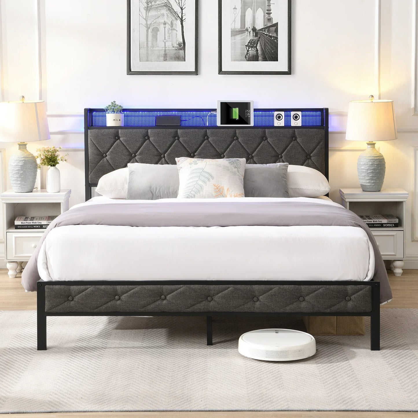 IMKHK LED Full Bed Frame with Upholstered Storage Headboard, Metal Platform Bed with Power Charging Station and LED Lights, Full Size Bed Frame with Underbed Storage, No Box Spring Needed, Gray