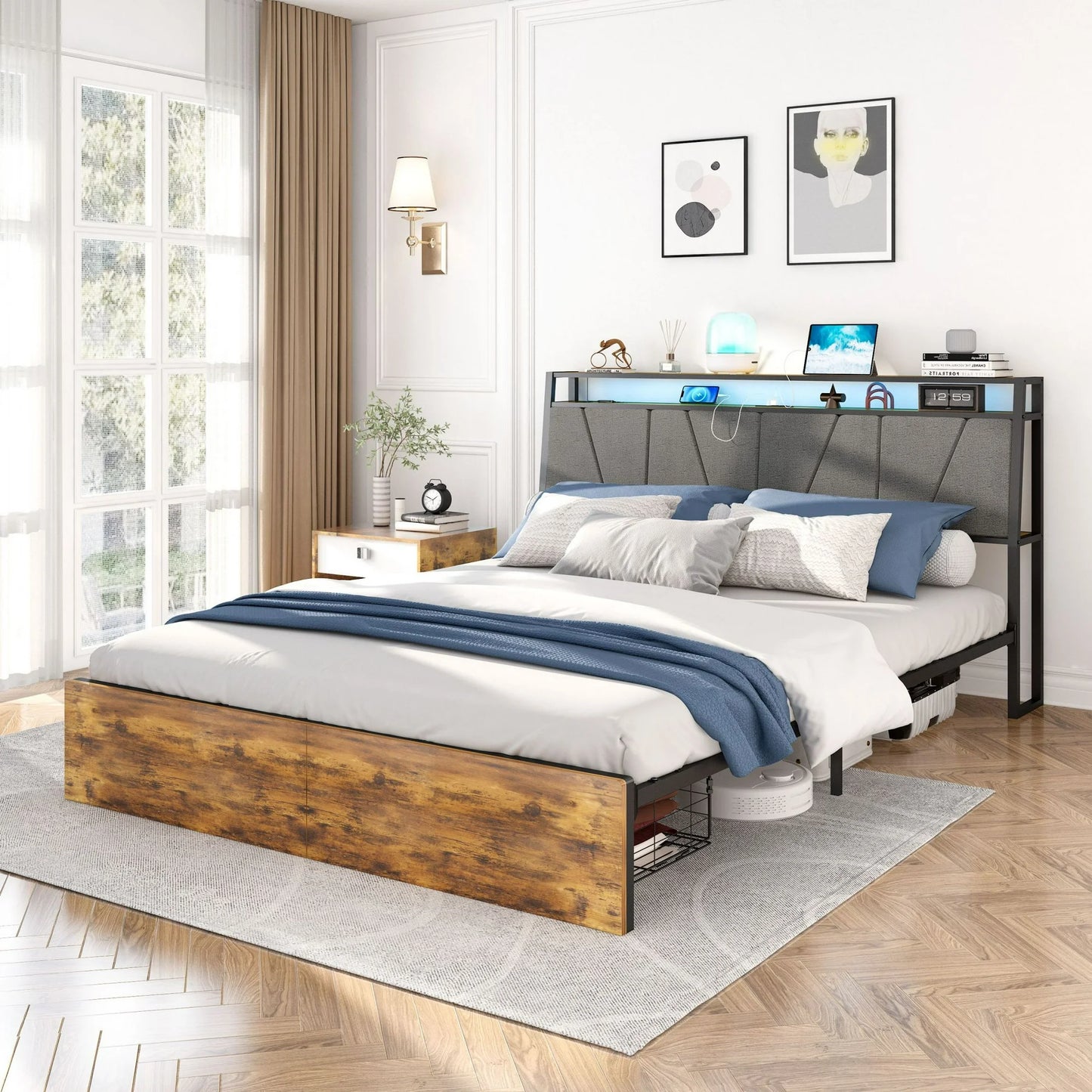 IMKHK LED Full Size Bed Frame, Metal Platform Bed Frame with Storage Headboard, 2 Drawers and Power Charging Station, Large Under Bed Storage, Strong Slats Support, No Box Spring Needed, Brown