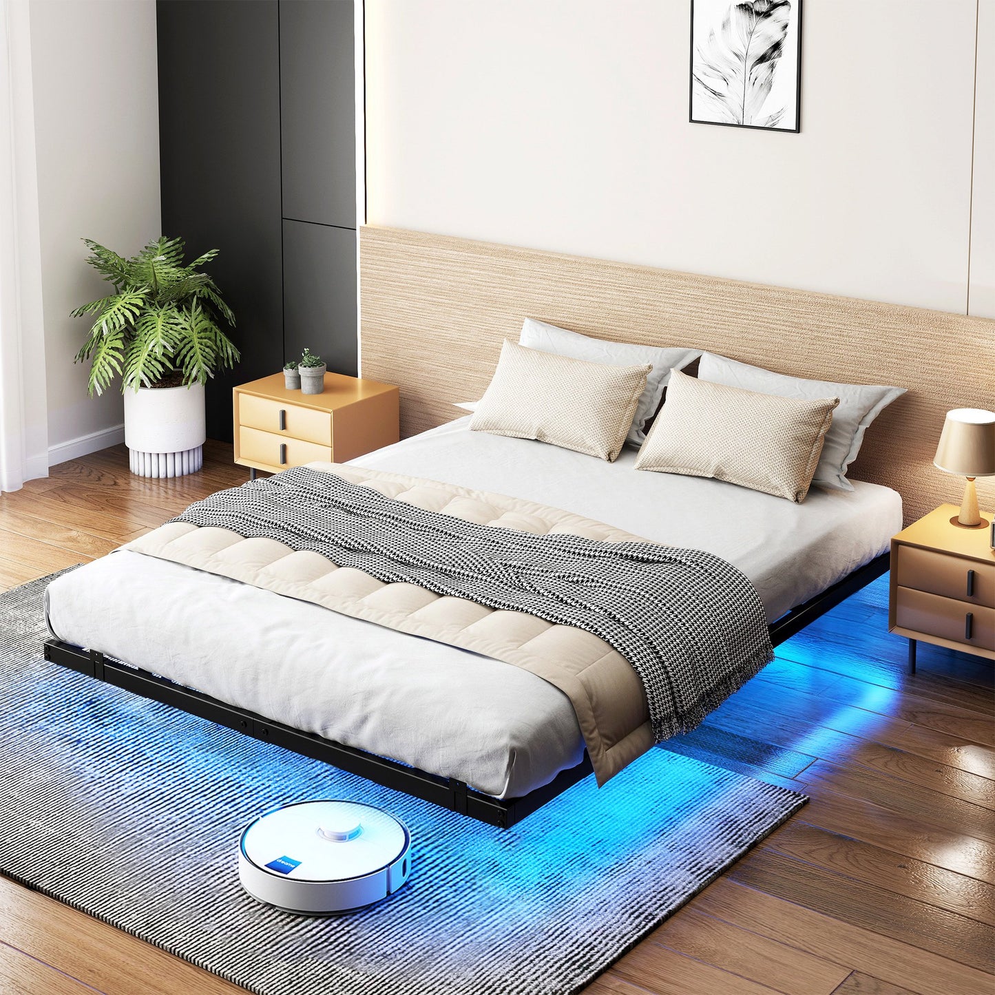 IMKHK Full Floating Bed Frame, Metal Platform Bed Full Size with LED Lights for Bedroom, Large Under Bed Storage, Strong Metal Slats Support, No Box Spring Needed, Easy to Assemble, Black