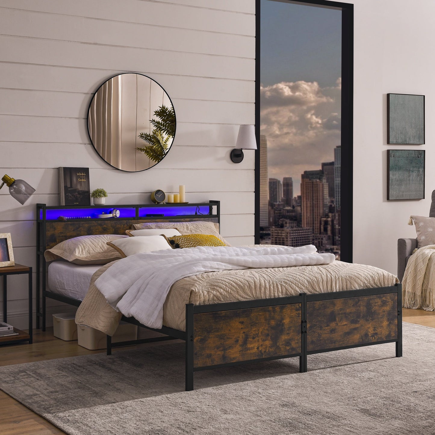IMKHK LED Bed Frame Full Size with 2-Tier Storage Headboard, Modern Metal Platform Bed with Charging Station, Heavy Duty Full Bed Frame with Large Underbed Storage Space, No Box Spring Needed, Black