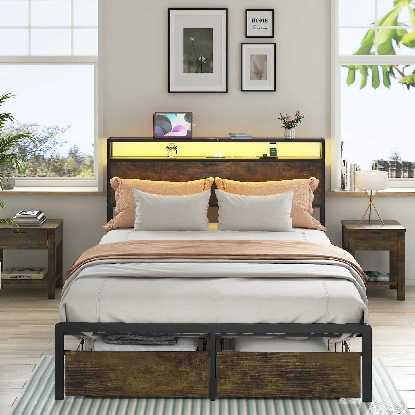 IMKHK Full Bed Frame with LED Lights, Storage Headboard and 2 Drawers, Heavy Duty Metal Platform Bed Full Size with Charging Station, Large Underbed Storage Space, No Box Spring Needed, Brown