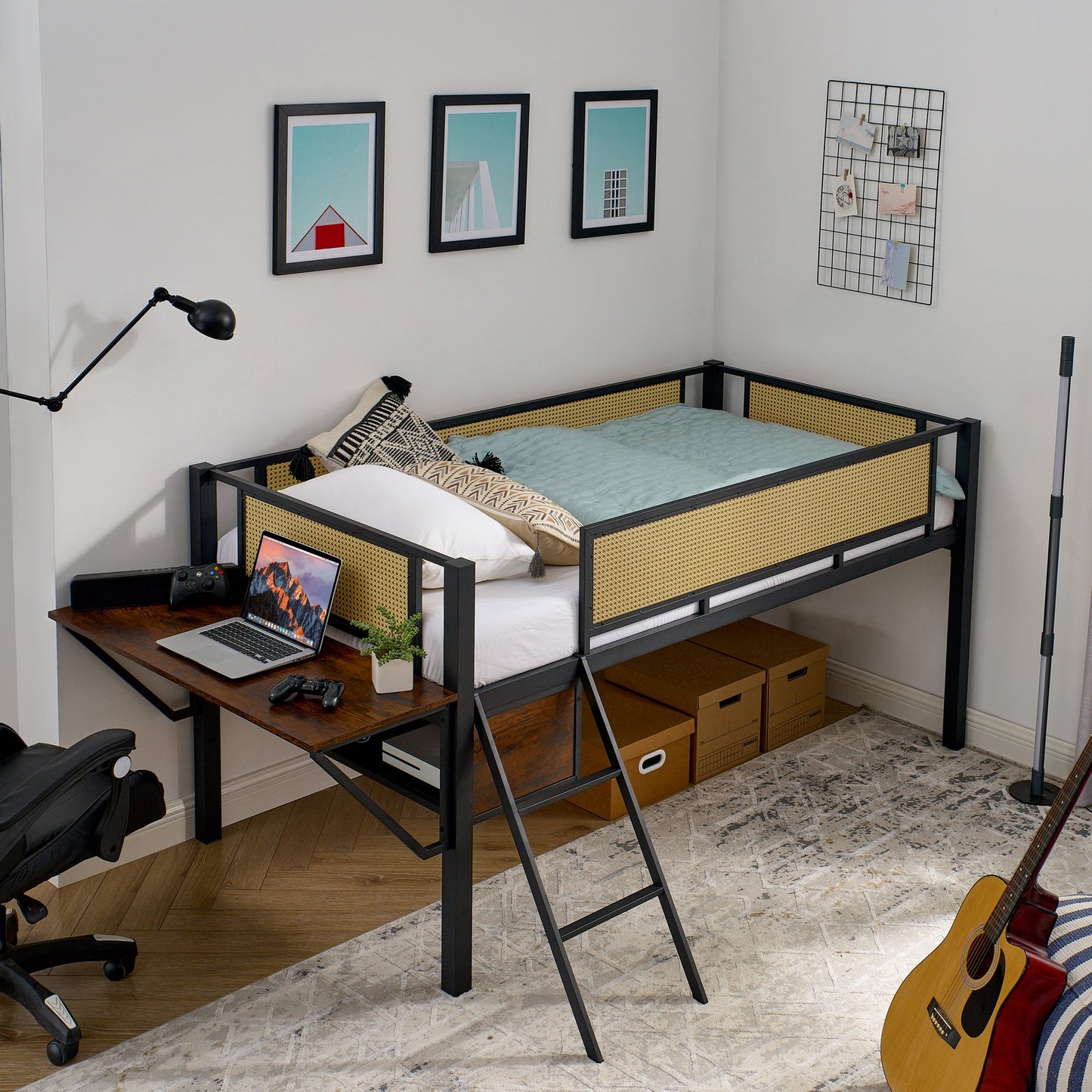 IMKHK Full Size Loft Bed with Stairs & Full-Length Guardrail, Rattan LED Loft Bed Frame with Desk and Open Storage Rack, Metal Bed Frame with Under Storage Space, No Box Spring Needed, Black Brown