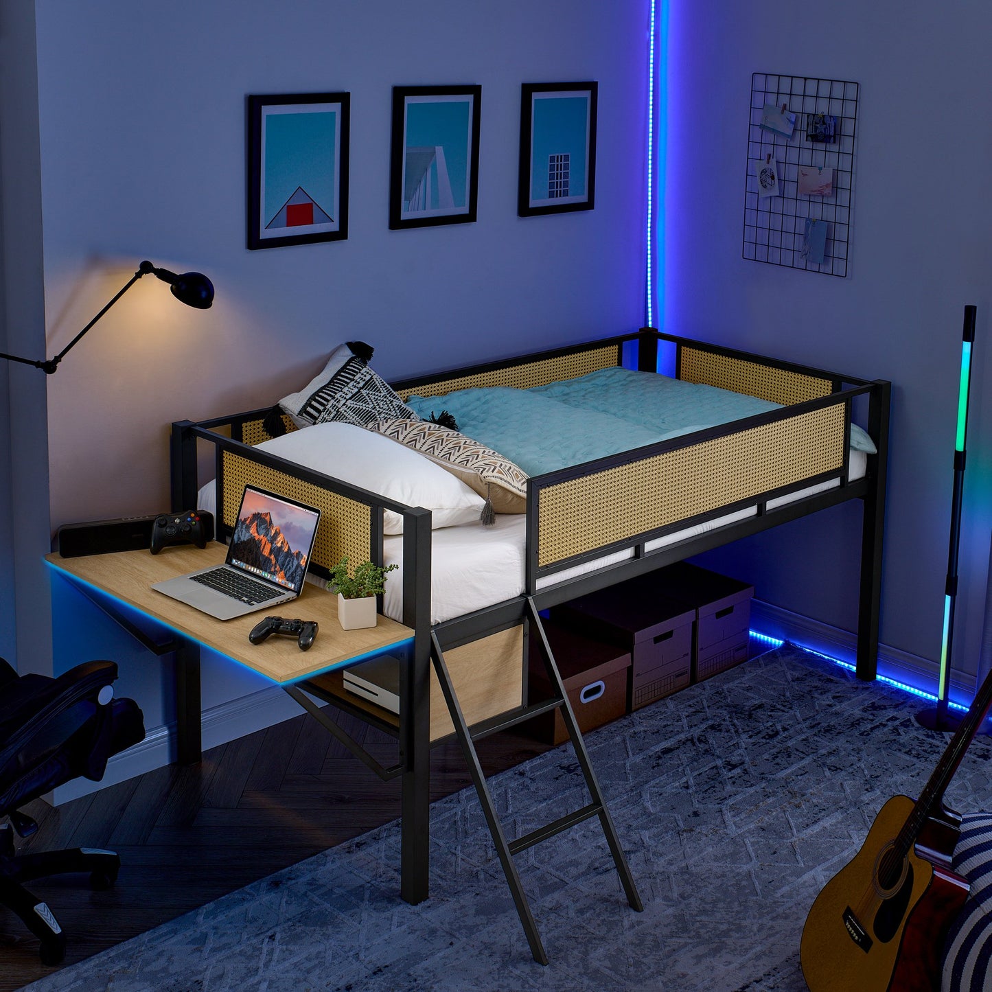 IMKHK Full Size Loft Bed with Stairs & Full-Length Guardrail, Rattan LED Loft Bed Frame with Desk and Open Storage Rack, Metal Bed Frame with Under Storage Space, No Box Spring Needed, Black Brown